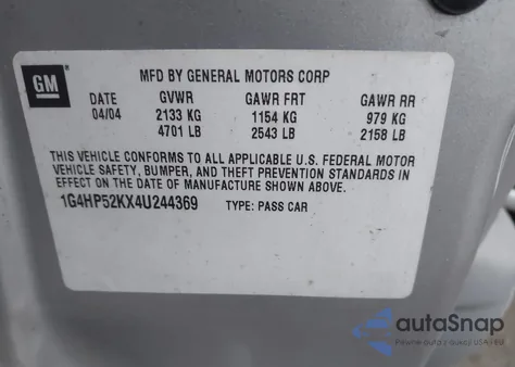 2004 Buick Lesabre Custom from USA, damaged, VIN 1G4HP52KX4U244369